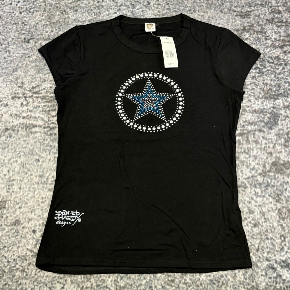 NWT Ed Hardy Shirt Short Sleeve Womens XXL Black Rhinestones Star Grunge VTG Y2K